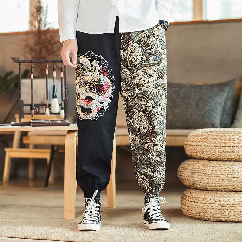 Dragon Pattern Two-tone Men's Pants With Pockets