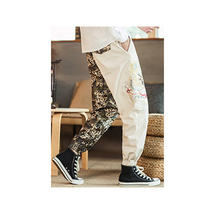 Dragon Pattern Two-tone Men's Pants With Pockets