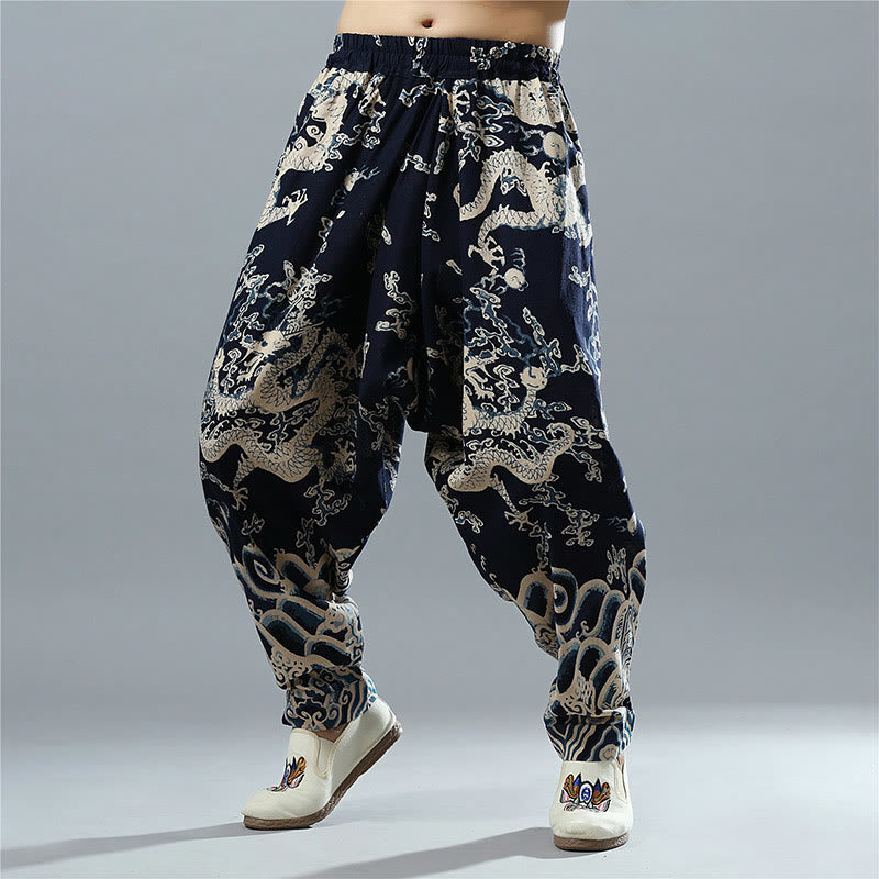 Chinese Dragon Printed Elastic Waist Ethnic Cotton Linen Men's Pants With Pockets