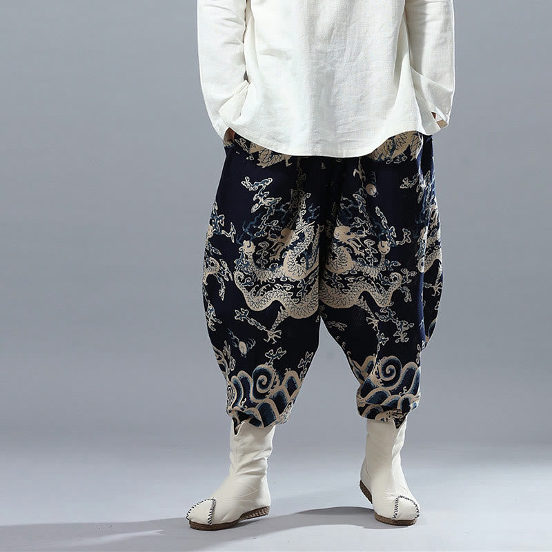 Chinese Dragon Printed Elastic Waist Ethnic Cotton Linen Men's Pants With Pockets