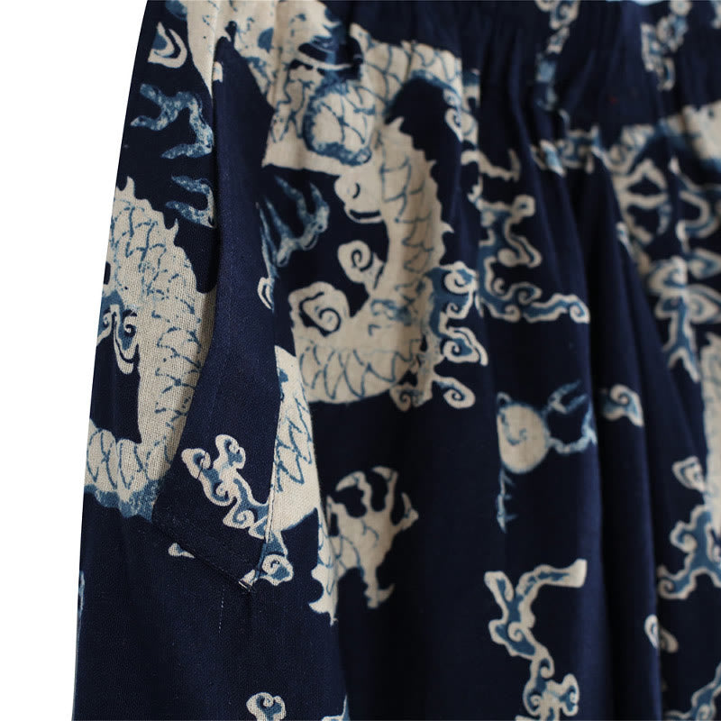 Chinese Dragon Printed Elastic Waist Ethnic Cotton Linen Men's Pants With Pockets