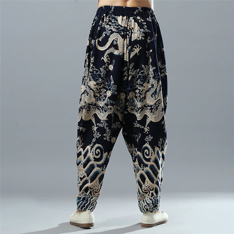 Chinese Dragon Printed Elastic Waist Ethnic Cotton Linen Men's Pants With Pockets