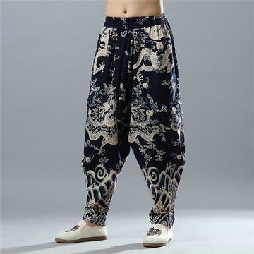 Chinese Dragon Printed Elastic Waist Ethnic Cotton Linen Men's Pants With Pockets