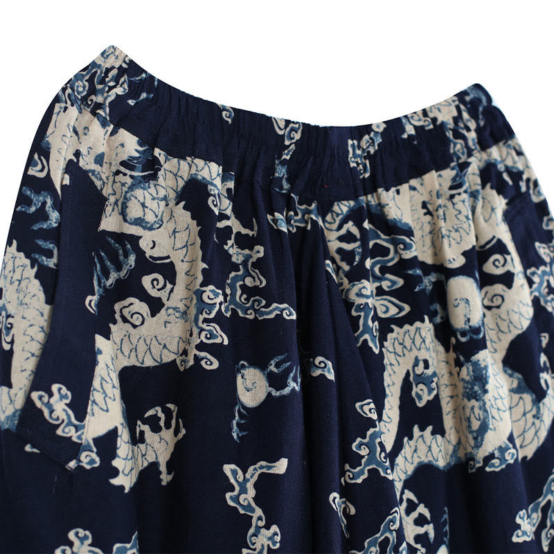Chinese Dragon Printed Elastic Waist Ethnic Cotton Linen Men's Pants With Pockets