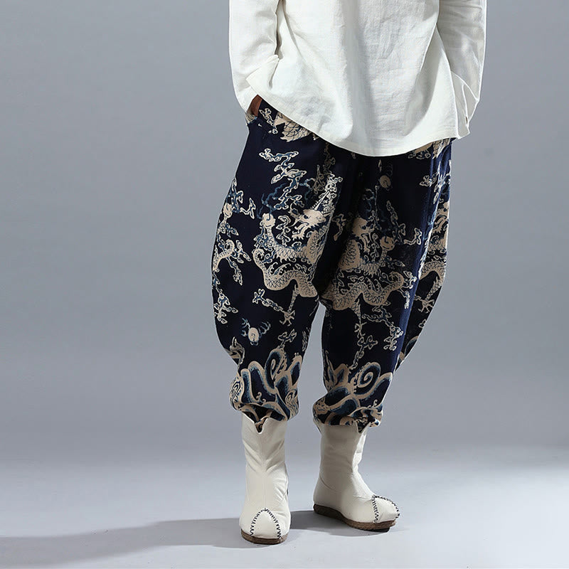 Chinese Dragon Printed Elastic Waist Ethnic Cotton Linen Men's Pants With Pockets