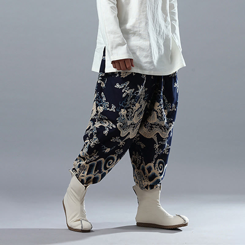 Chinese Dragon Printed Elastic Waist Ethnic Cotton Linen Men's Pants With Pockets