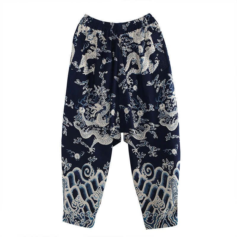 Chinese Dragon Printed Elastic Waist Ethnic Cotton Linen Men's Pants With Pockets