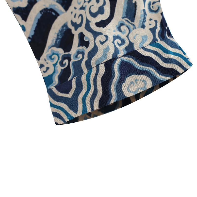 Chinese Dragon Printed Elastic Waist Ethnic Cotton Linen Men's Pants With Pockets