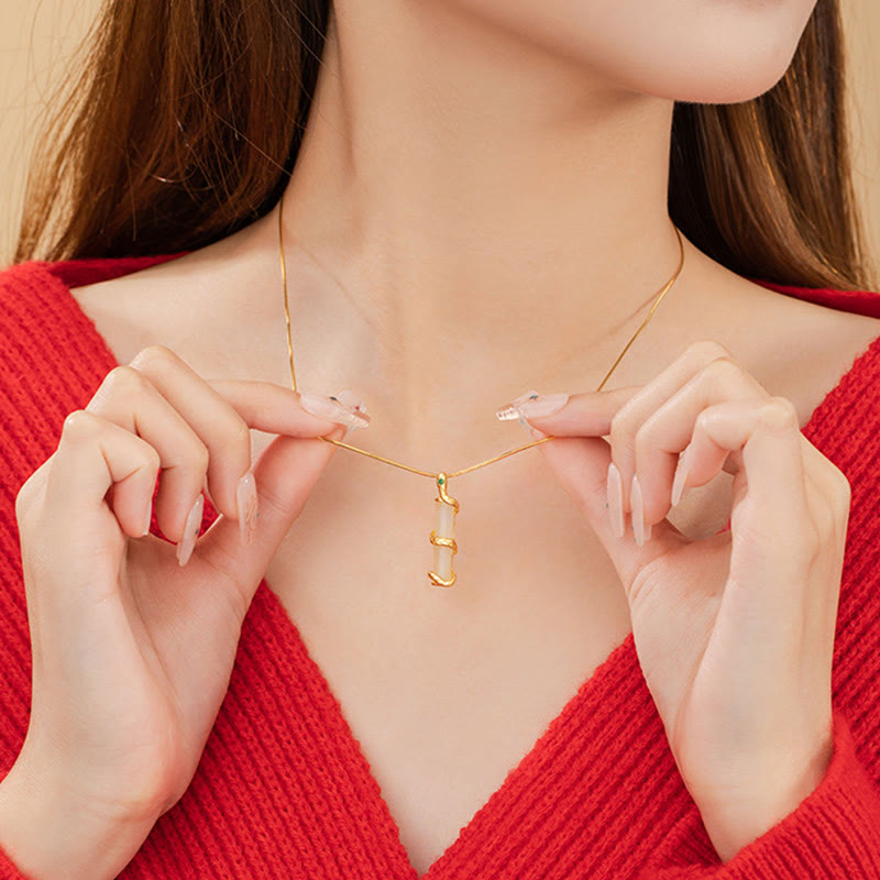 Hetian Jade 925 Sterling Silver Year of the Snake Bamboo Growth Necklace Pendant