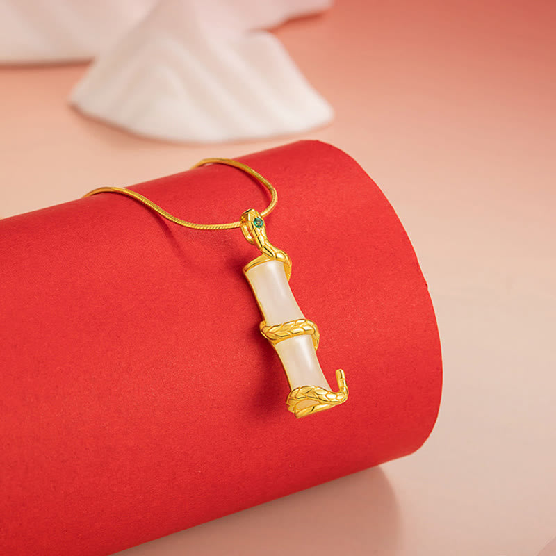 Hetian Jade 925 Sterling Silver Year of the Snake Bamboo Growth Necklace Pendant