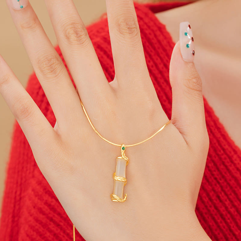 Hetian Jade 925 Sterling Silver Year of the Snake Bamboo Growth Necklace Pendant