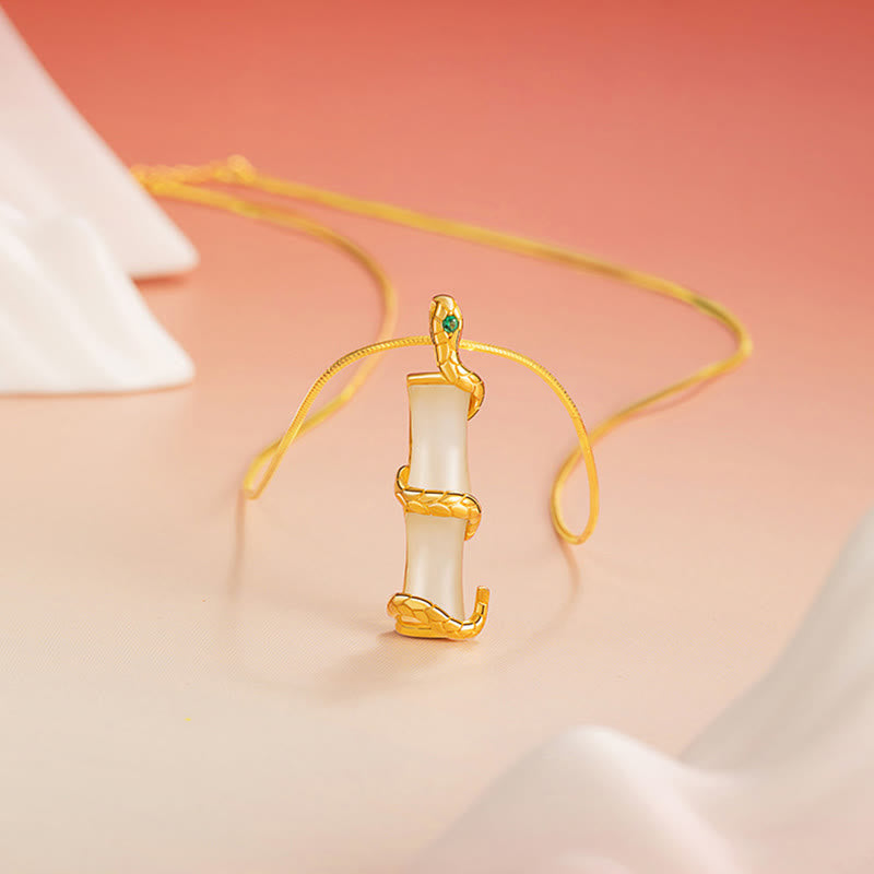 Hetian Jade 925 Sterling Silver Year of the Snake Bamboo Growth Necklace Pendant