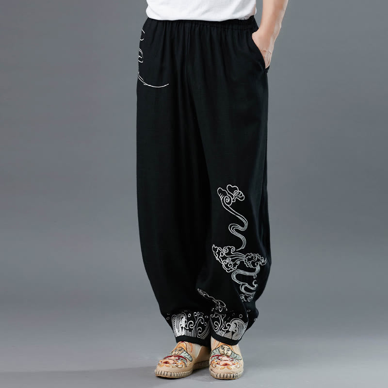 Breathable Cotton Cloud Print Straight Leg Tai Chi Pants