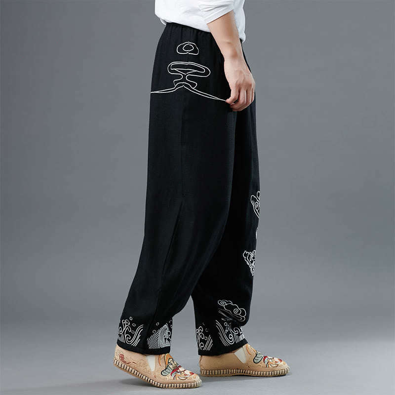 Breathable Cotton Cloud Print Straight Leg Tai Chi Pants