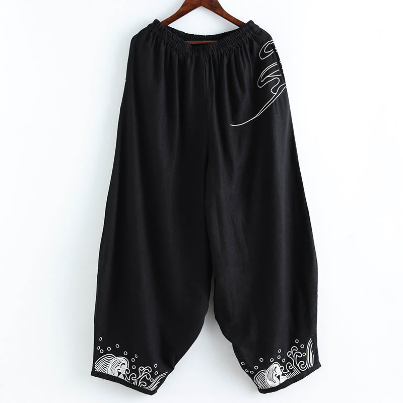 Breathable Cotton Cloud Print Straight Leg Tai Chi Pants