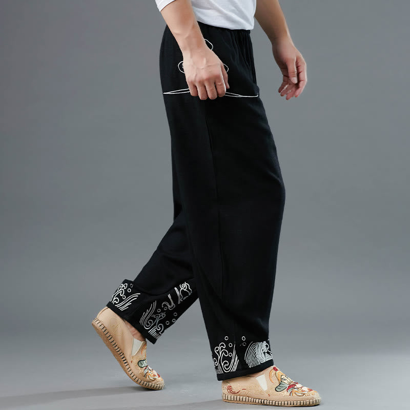 Breathable Cotton Cloud Print Straight Leg Tai Chi Pants