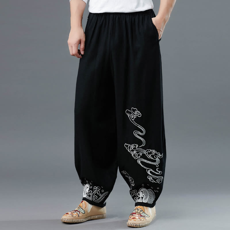 Breathable Cotton Cloud Print Straight Leg Tai Chi Pants