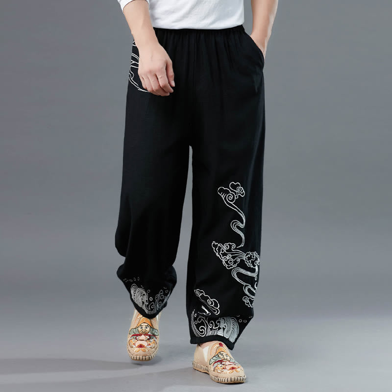 Breathable Cotton Cloud Print Straight Leg Tai Chi Pants