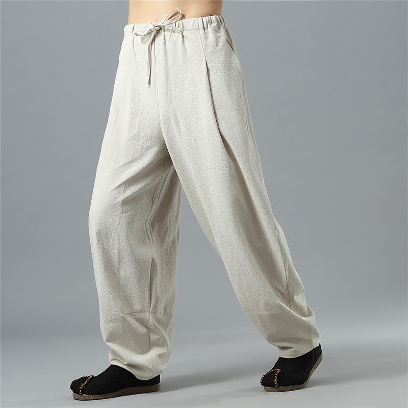 Casual Solid Color Drawstring Cotton Linen Men's Pants With Pockets