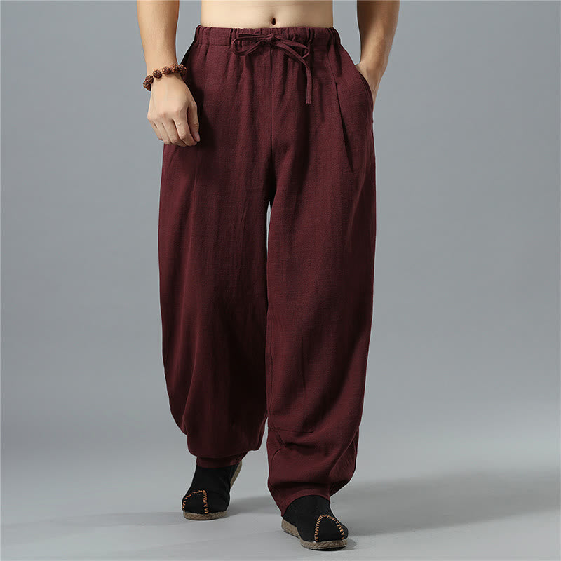 Casual Solid Color Drawstring Cotton Linen Men's Pants With Pockets