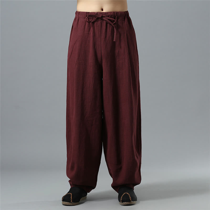 Casual Solid Color Drawstring Cotton Linen Men's Pants With Pockets