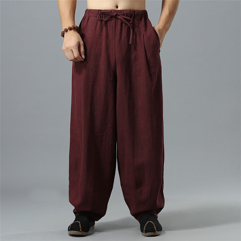 Casual Solid Color Drawstring Cotton Linen Men's Pants With Pockets