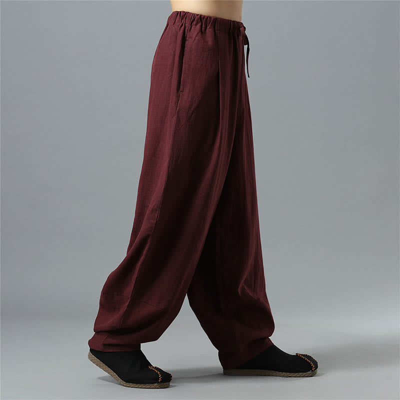 Casual Solid Color Drawstring Cotton Linen Men's Pants With Pockets