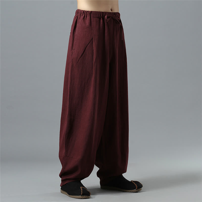 Casual Solid Color Drawstring Cotton Linen Men's Pants With Pockets