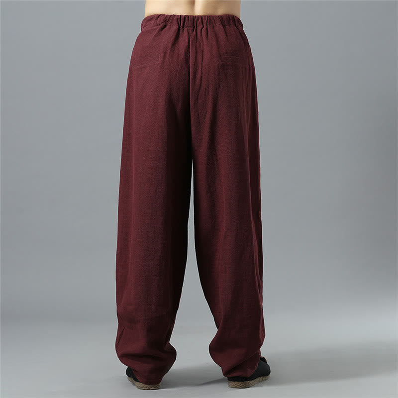 Casual Solid Color Drawstring Cotton Linen Men's Pants With Pockets