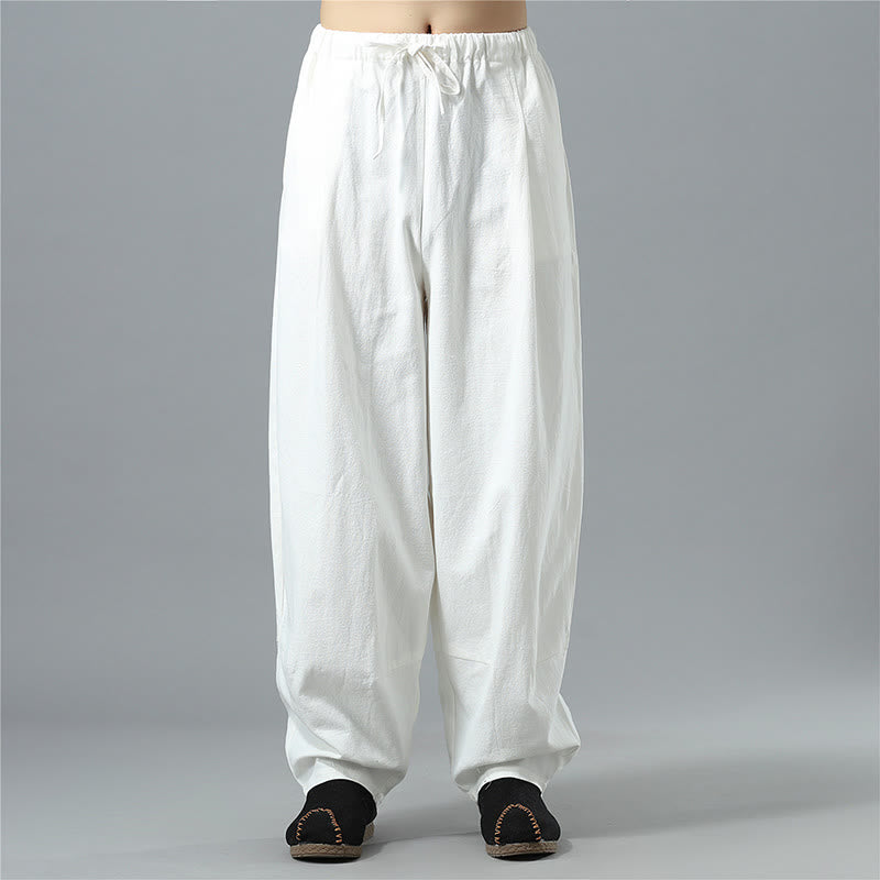 Casual Solid Color Drawstring Cotton Linen Men's Pants With Pockets
