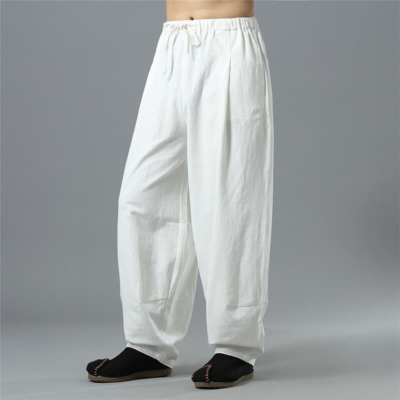 Casual Solid Color Drawstring Cotton Linen Men's Pants With Pockets