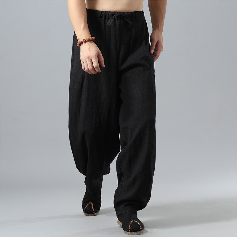 Casual Solid Color Drawstring Cotton Linen Men's Pants With Pockets