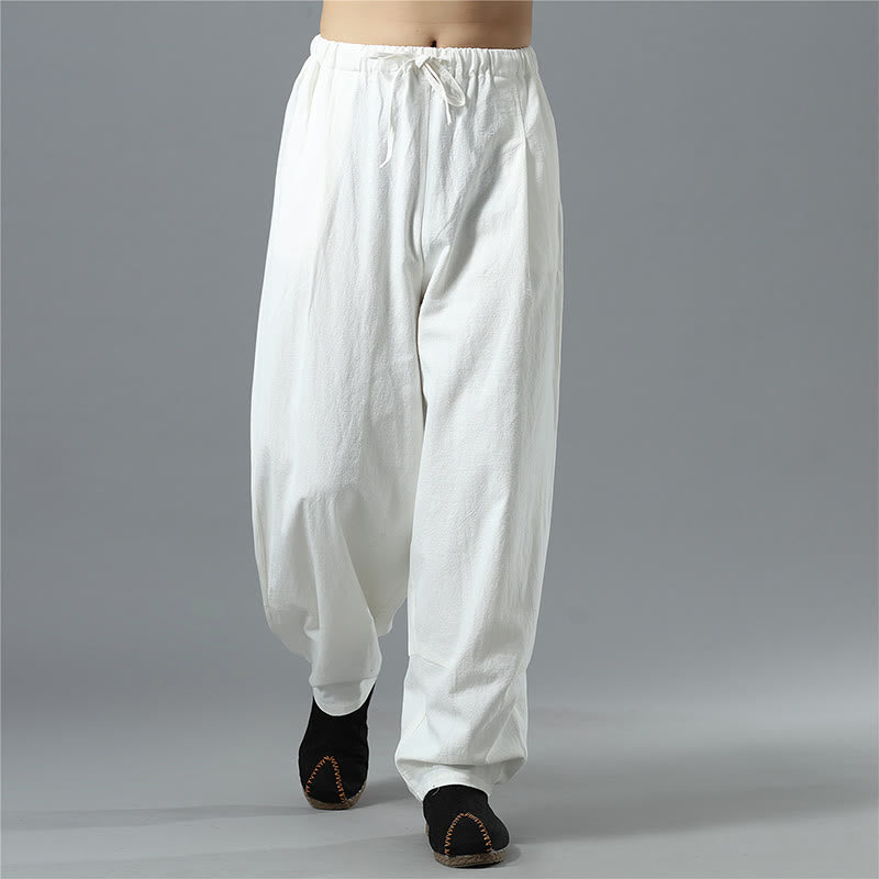 Casual Solid Color Drawstring Cotton Linen Men's Pants With Pockets