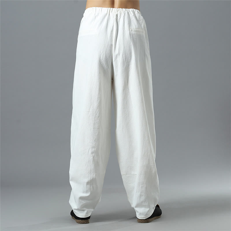 Casual Solid Color Drawstring Cotton Linen Men's Pants With Pockets