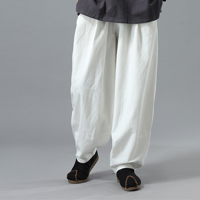 Casual Solid Color Drawstring Cotton Linen Men's Pants With Pockets