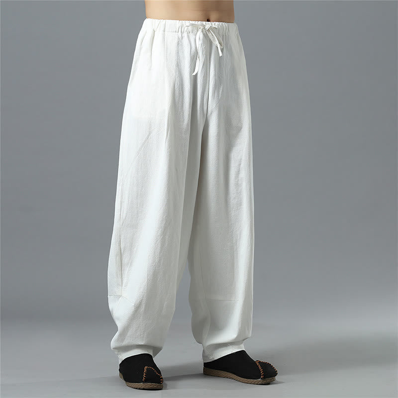 Casual Solid Color Drawstring Cotton Linen Men's Pants With Pockets