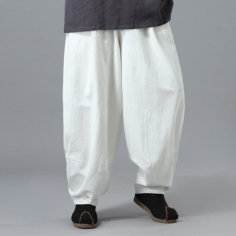 Casual Solid Color Drawstring Cotton Linen Men's Pants With Pockets