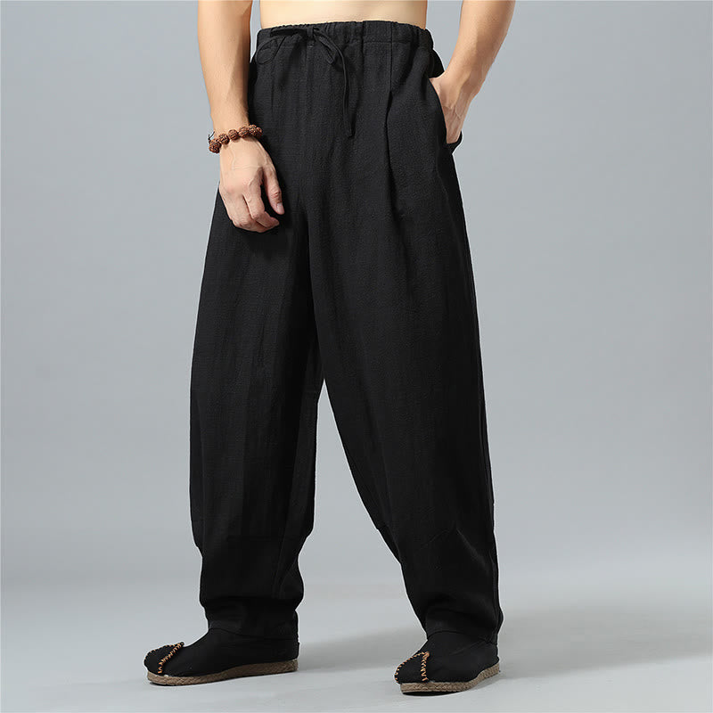 Casual Solid Color Drawstring Cotton Linen Men's Pants With Pockets