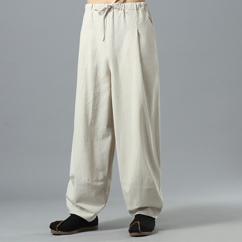 Casual Solid Color Drawstring Cotton Linen Men's Pants With Pockets