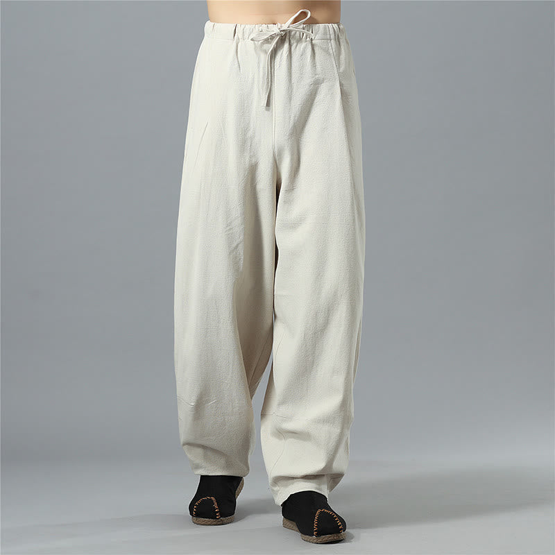 Casual Solid Color Drawstring Cotton Linen Men's Pants With Pockets
