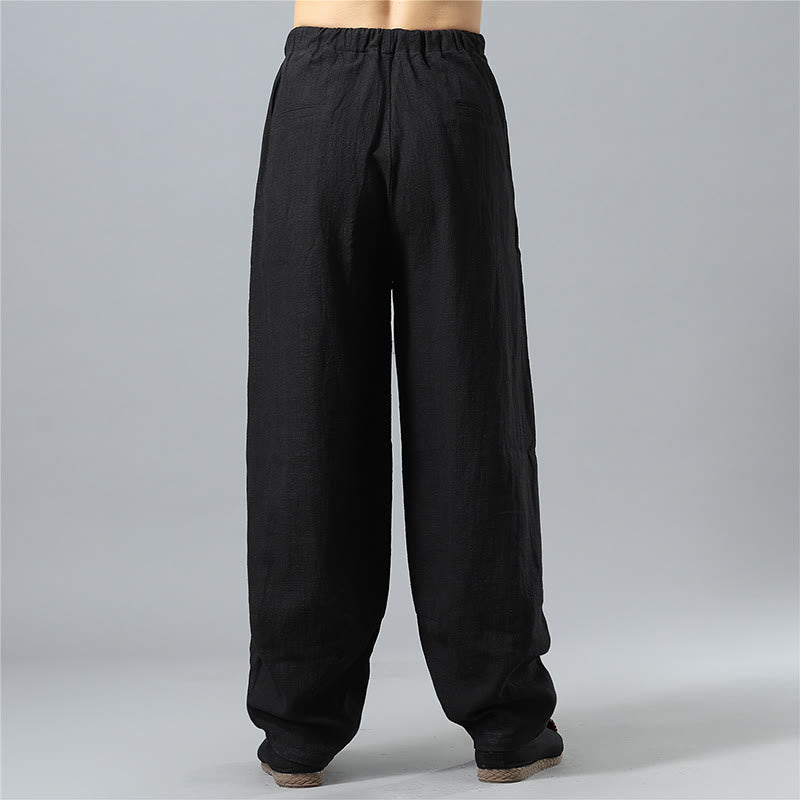 Casual Solid Color Drawstring Cotton Linen Men's Pants With Pockets