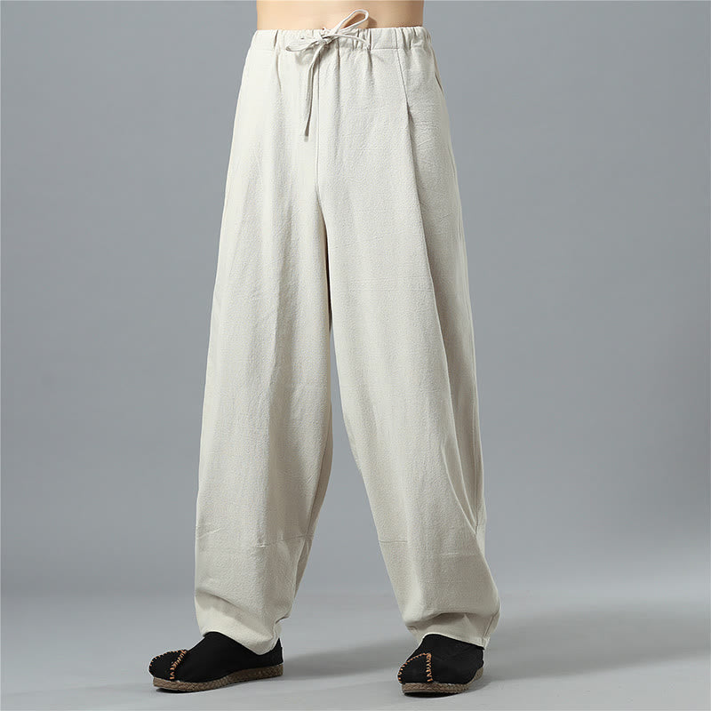 Casual Solid Color Drawstring Cotton Linen Men's Pants With Pockets