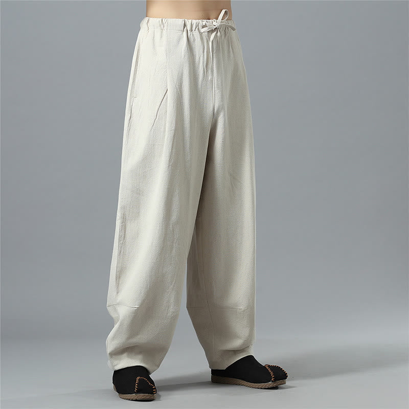 Casual Solid Color Drawstring Cotton Linen Men's Pants With Pockets