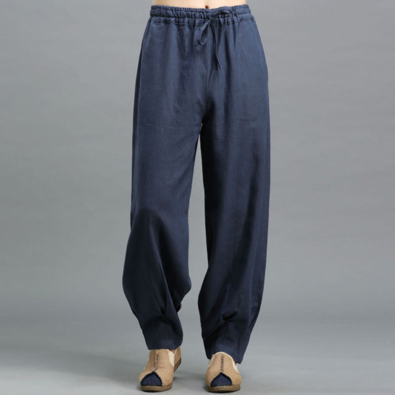 Casual Plain Color Elastic Drawstring Ramie Linen Men's Pants With Pockets