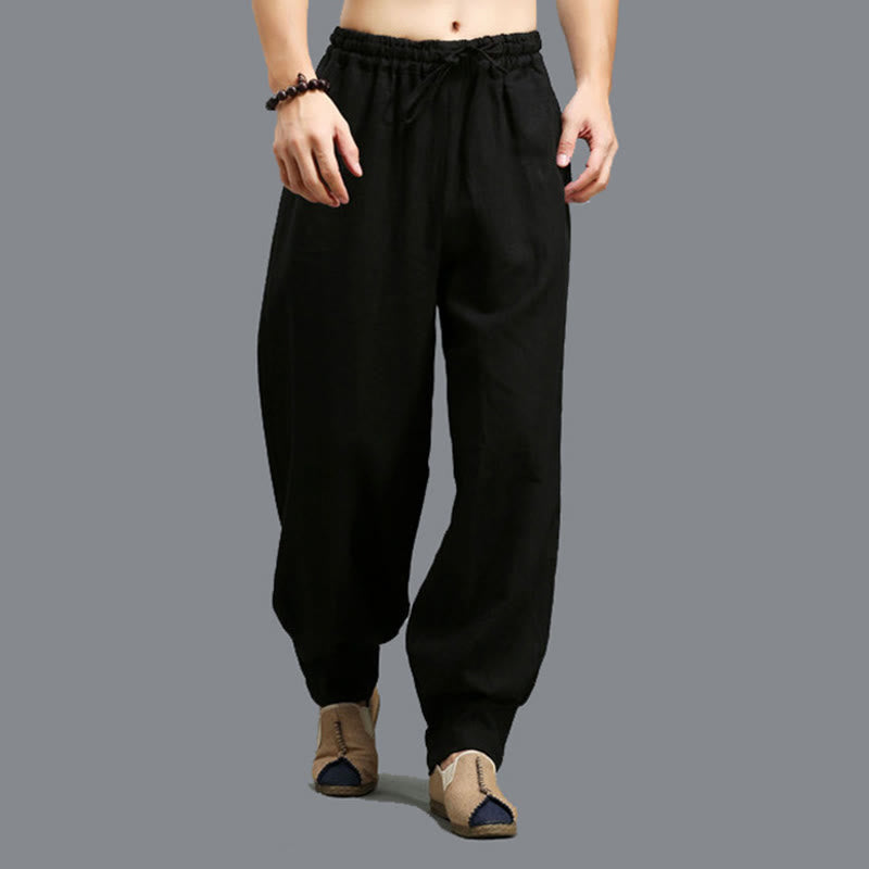 Casual Plain Color Elastic Drawstring Ramie Linen Men's Pants With Pockets