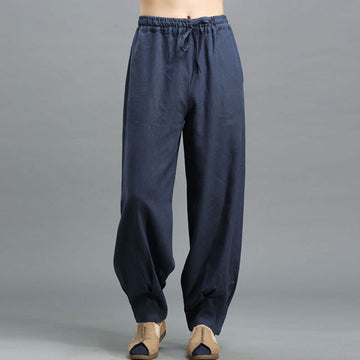 Casual Plain Color Elastic Drawstring Ramie Linen Men's Pants With Pockets
