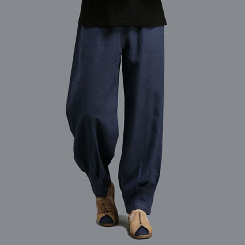 Casual Plain Color Elastic Drawstring Ramie Linen Men's Pants With Pockets