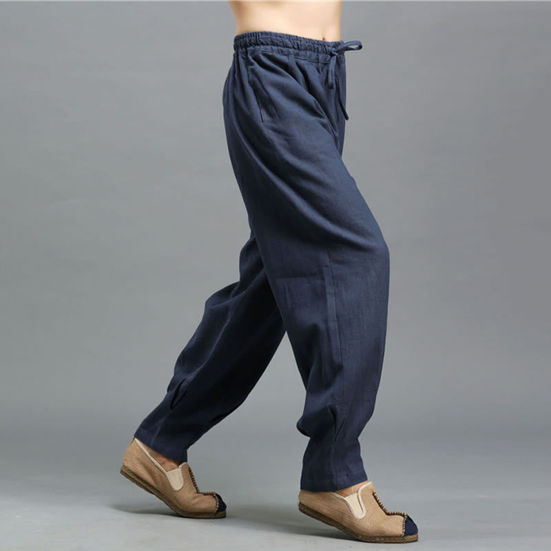 Casual Plain Color Elastic Drawstring Ramie Linen Men's Pants With Pockets