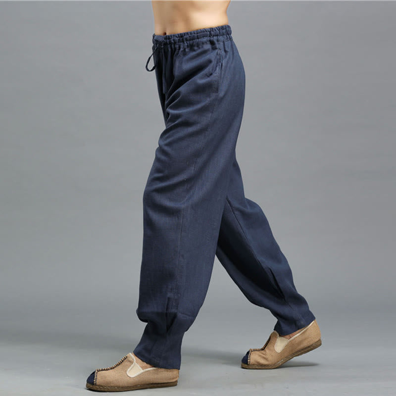 Casual Plain Color Elastic Drawstring Ramie Linen Men's Pants With Pockets