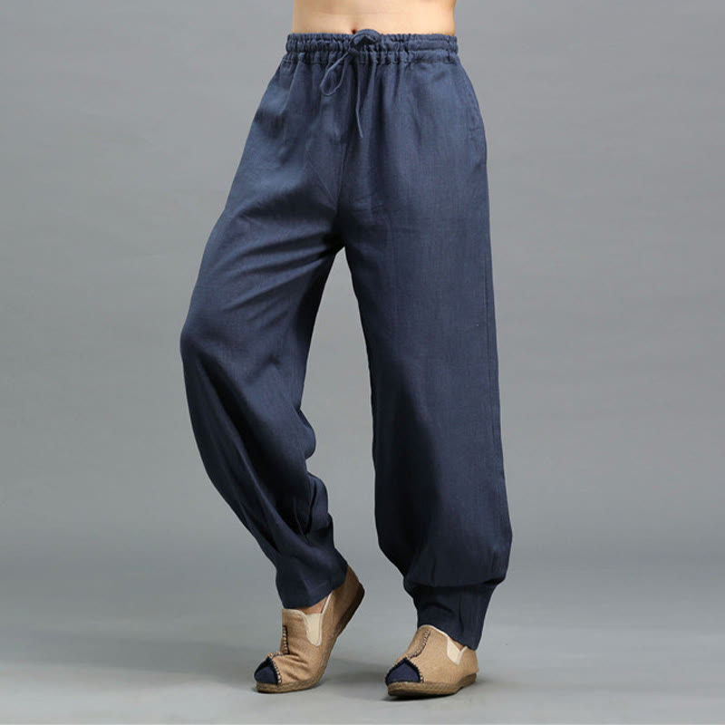 Casual Plain Color Elastic Drawstring Ramie Linen Men's Pants With Pockets